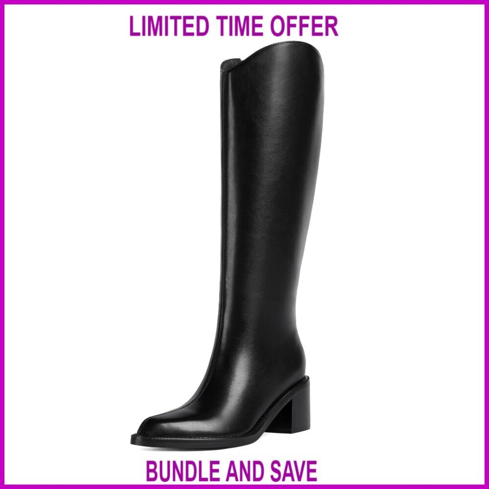 Knee High Boots Pointed Toe Chunky Block Heel Tall Boots Faux Leather